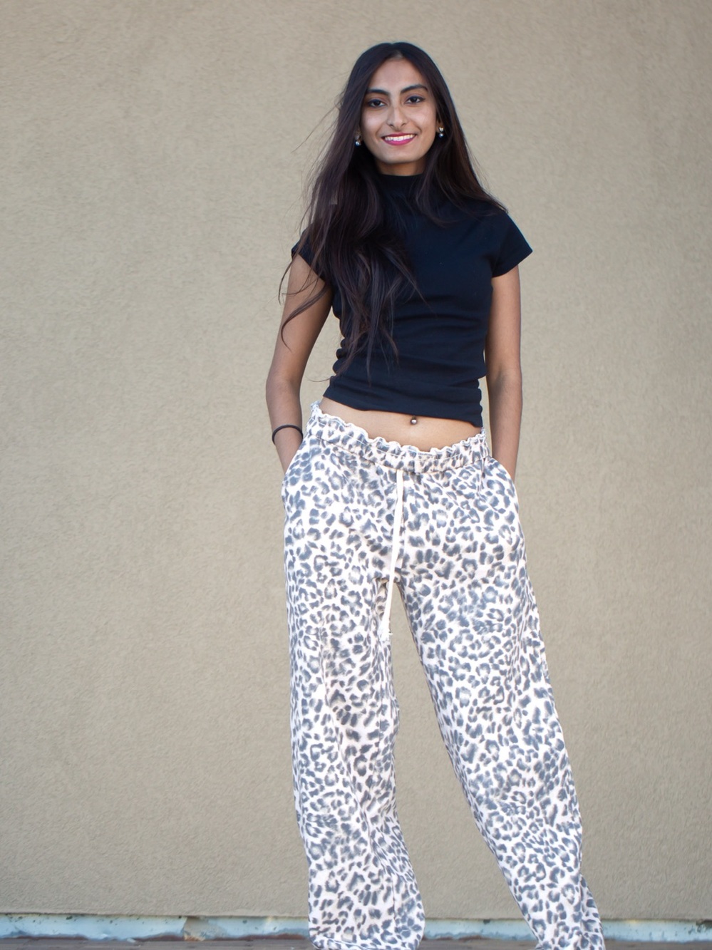Leopard Print Drawstring Wide-Leg Pants - White/Gray